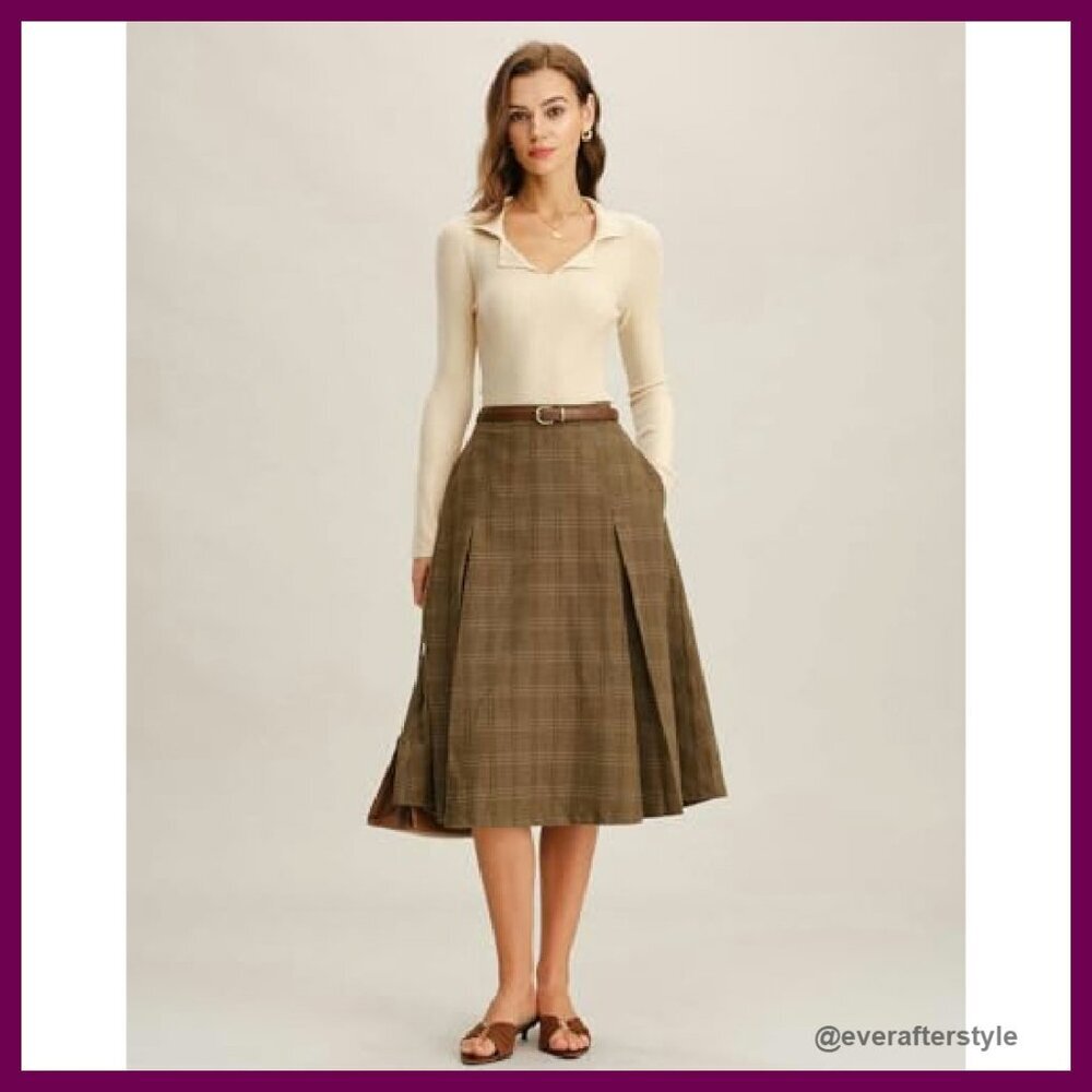 Vintage Plaid A-Line Midi Skirt High Waist Elegant Retro Wool-Blend Pockets - Picture 4 of 6